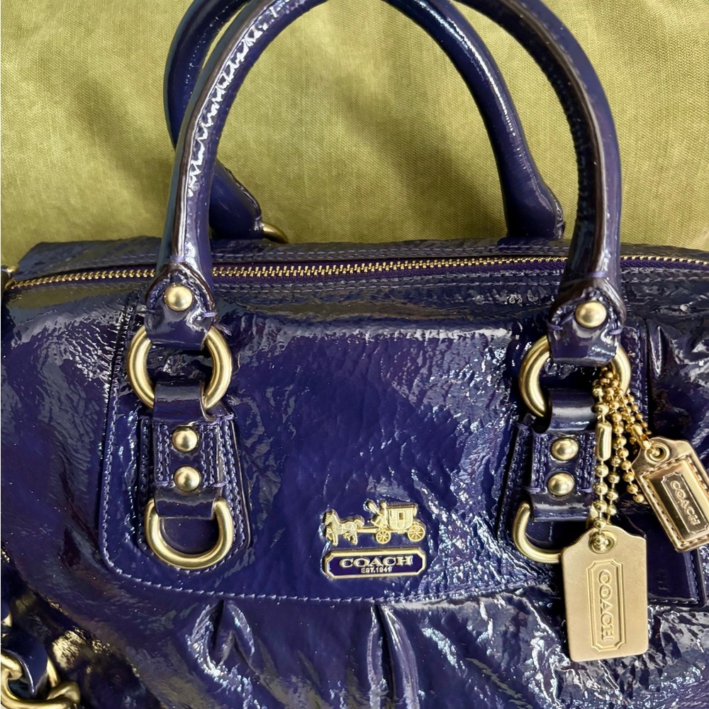 Coach Patent Leather Satchel in Deep Navy Blue with Gold Hardware - Picture 4 of 11